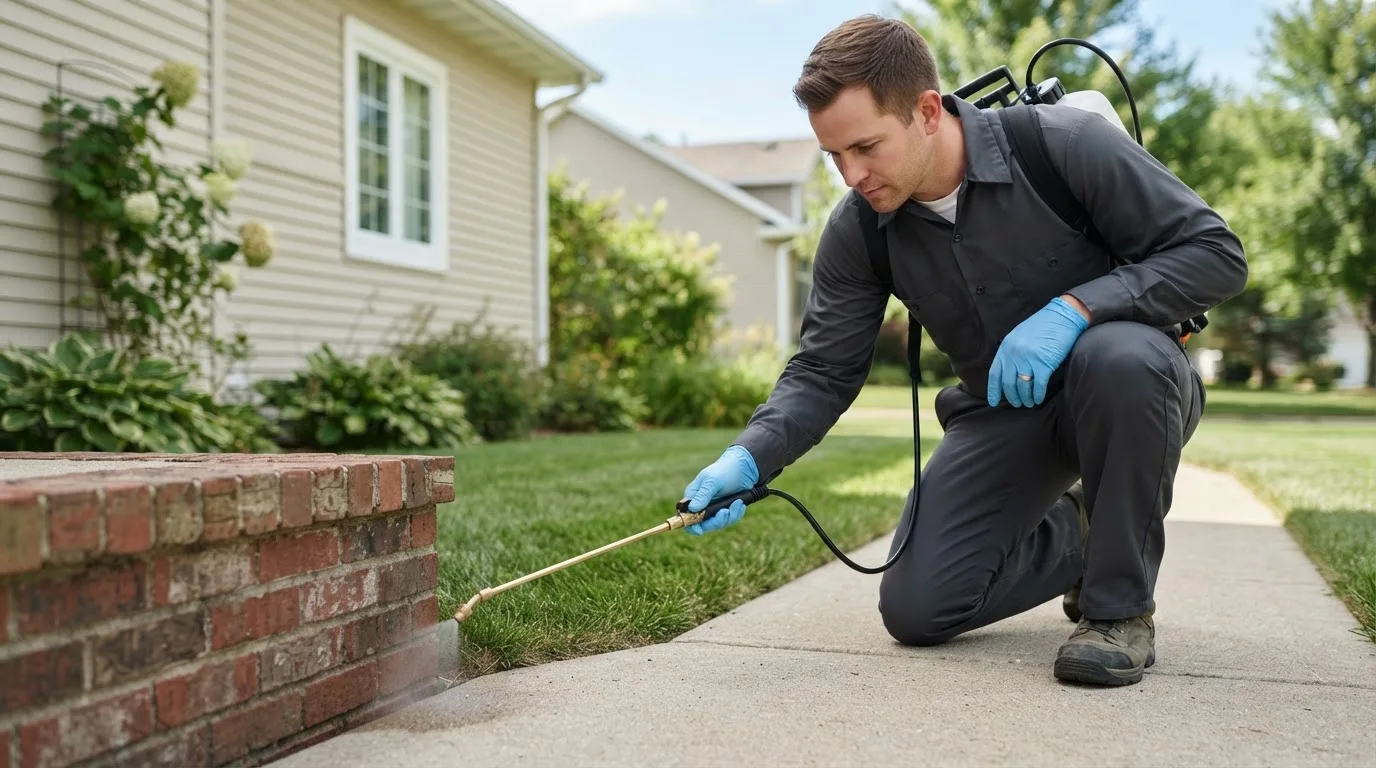 Pest control technician treating a home near New Madison, OH