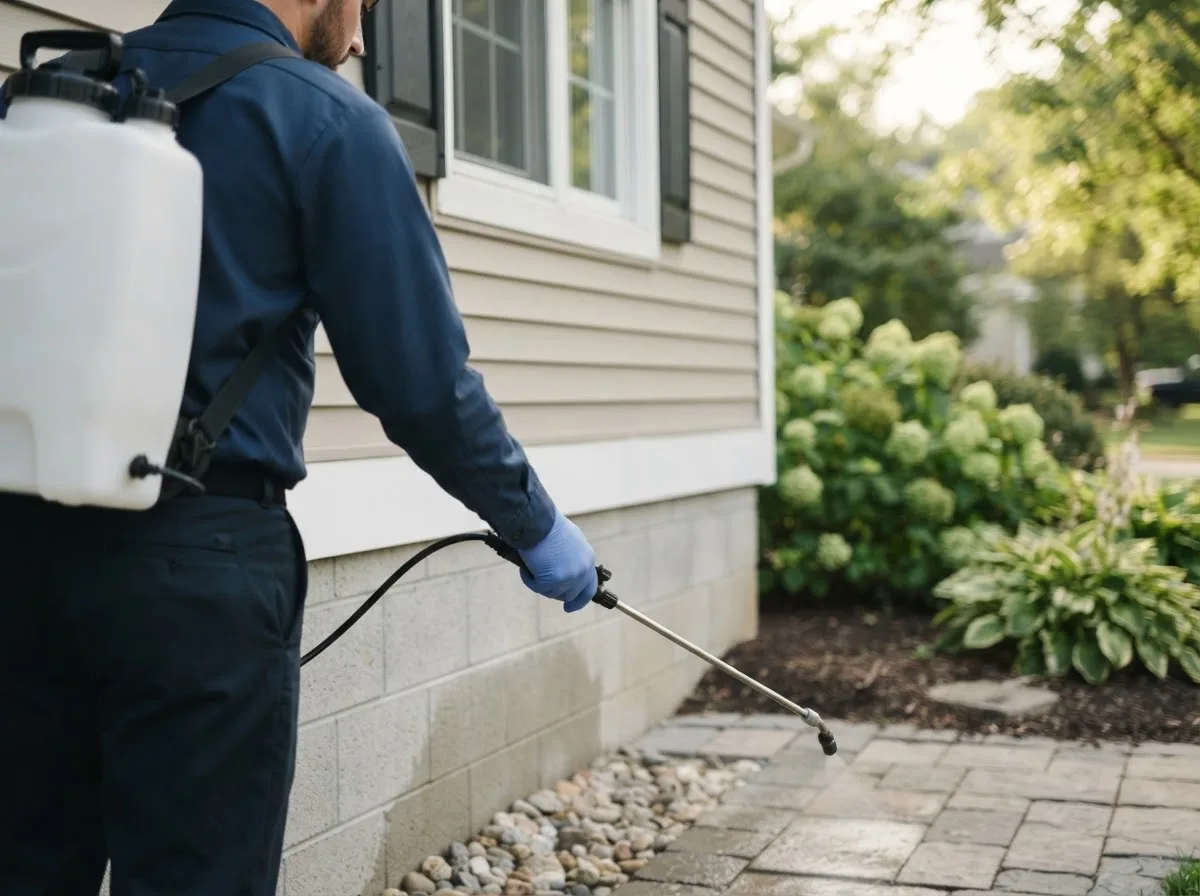 Pest control technician inspecting a home in New Madison, OH